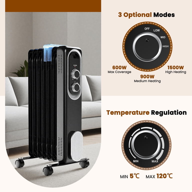 edx 1500W Oil Filled Radiator Space Heater, Black photo 3