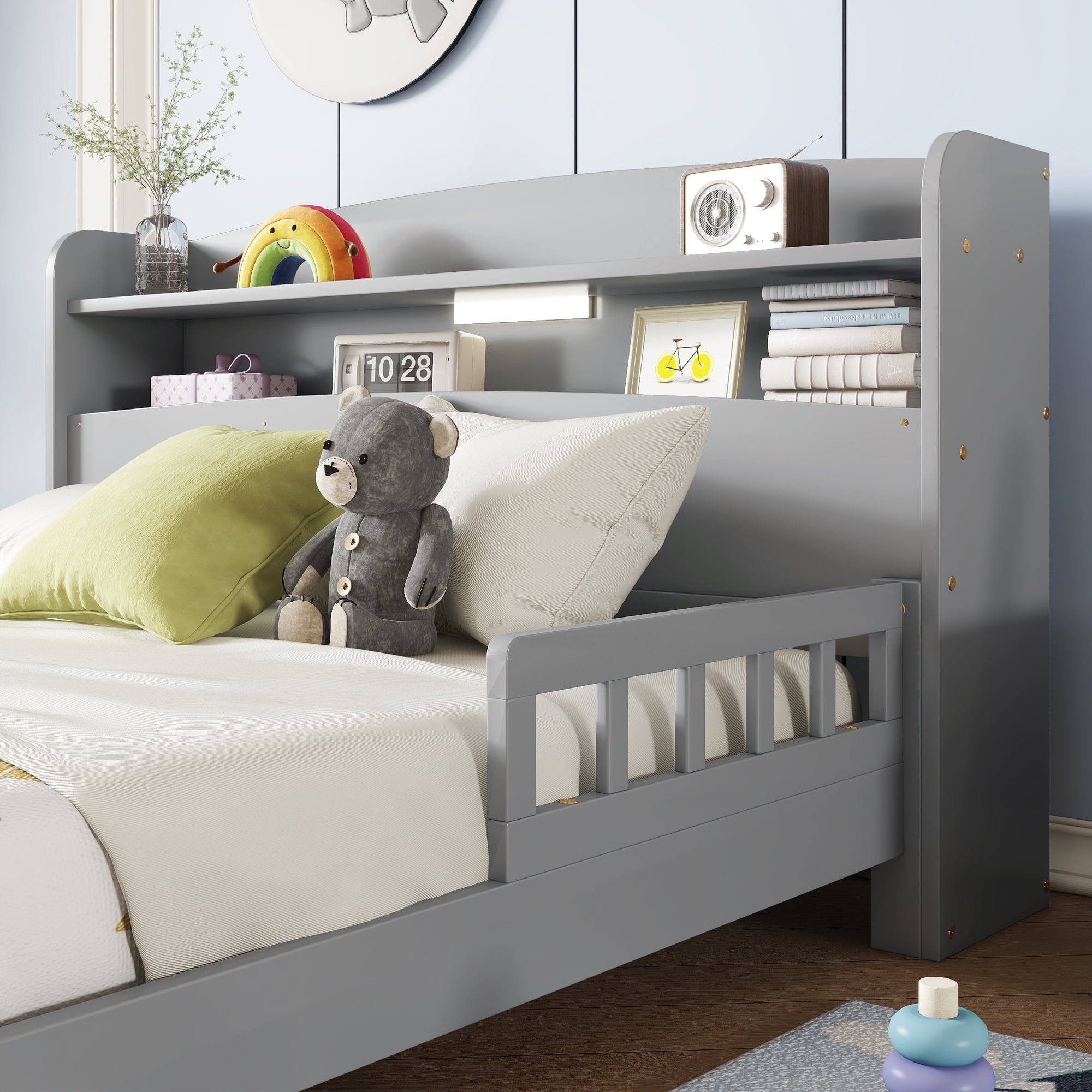 Alvantor Full Size Wood Bed with Bookcase Headboard, LED Sensor Light, Grey
