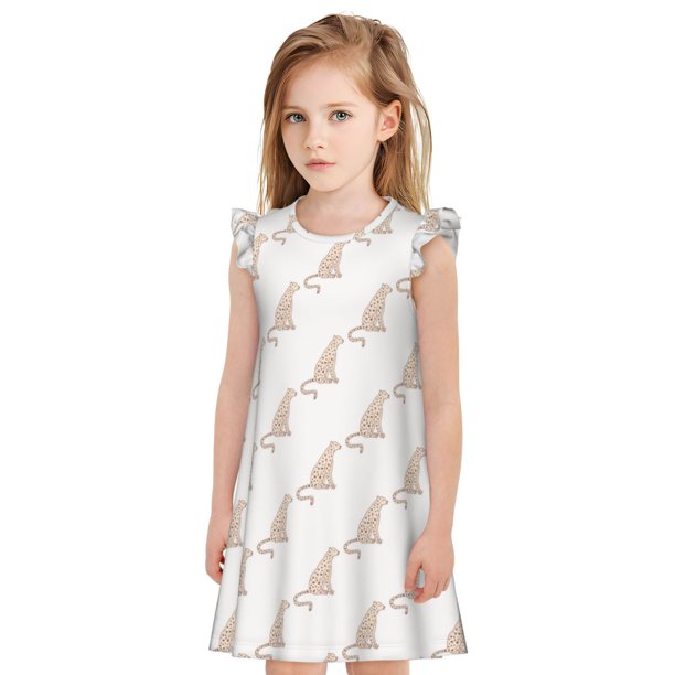 Balery Leopard Print Camisón de princesa para niñas, pijama de algodón con mangas abullonadas, suave y bonito.-Medium