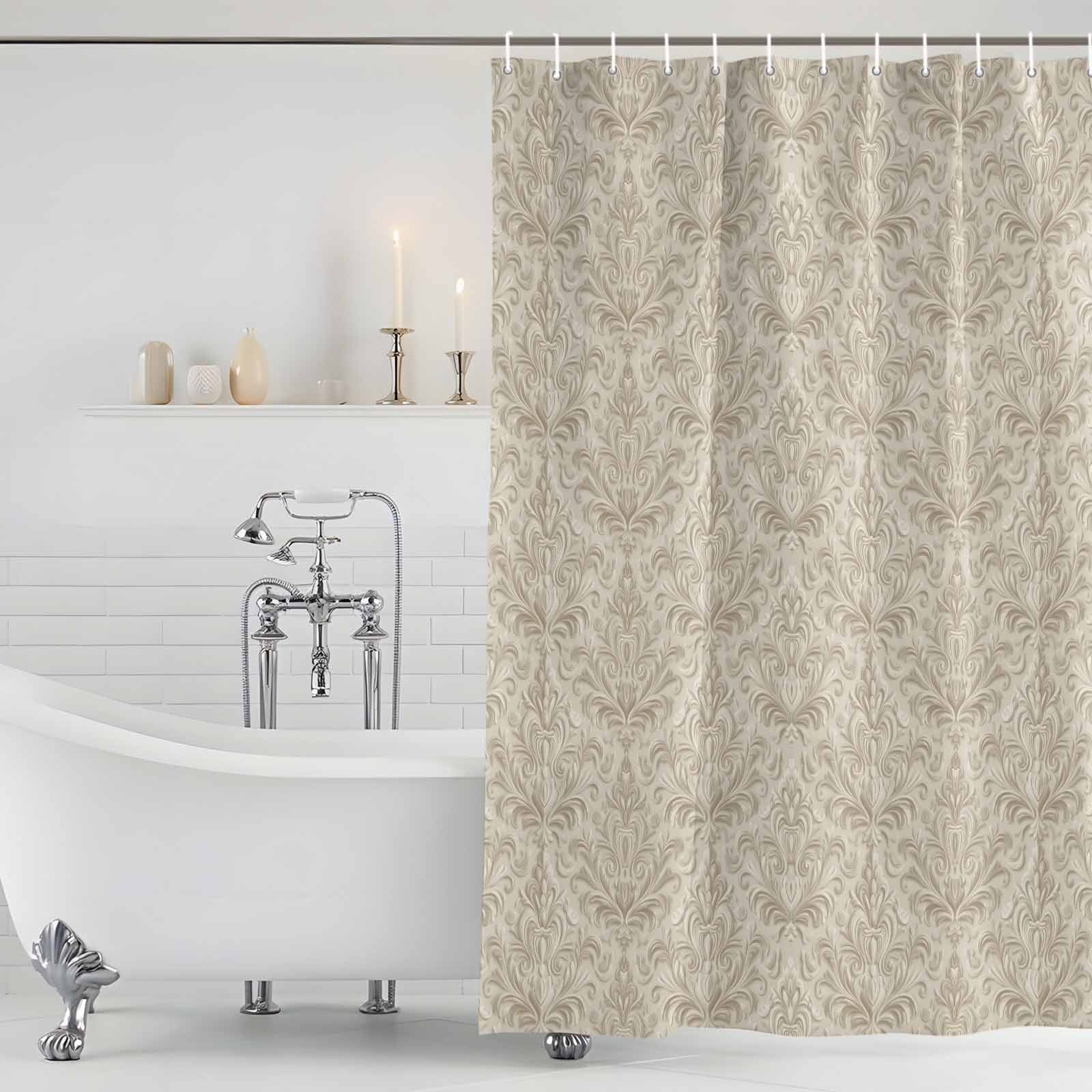 Beige Baroque Shower Curtain Set, Waterproof Shower Curtains for Bathroom, Farmhouse Scroll Floral Pattern Art Washable Fabric Cloth Bath Curtain for Bathtub Decoration with Hooks 72x78 Inches