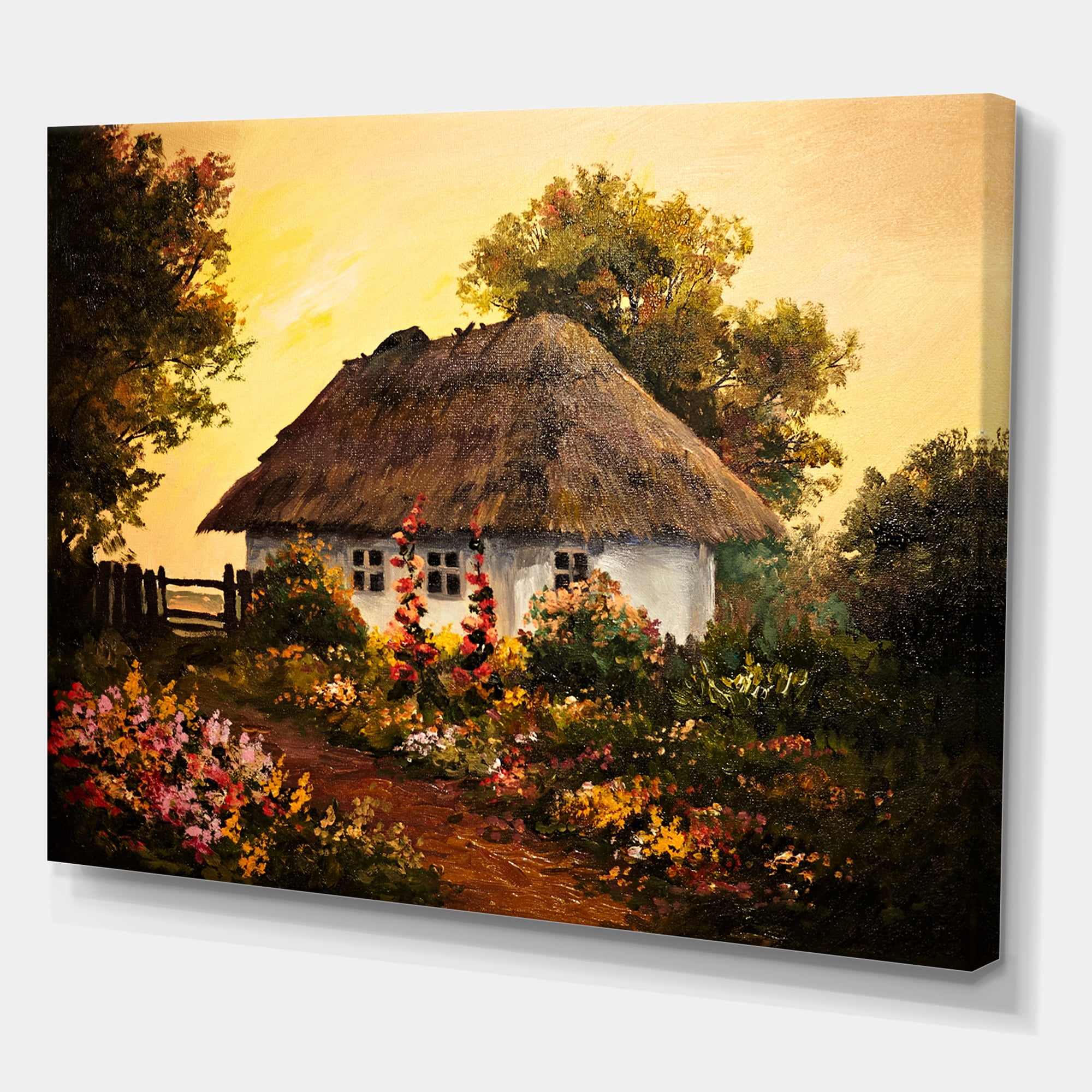 Designart ' Traditional Cottage At Sunset In Autumn Flowers ' Traditional Canvas Wall Art Print