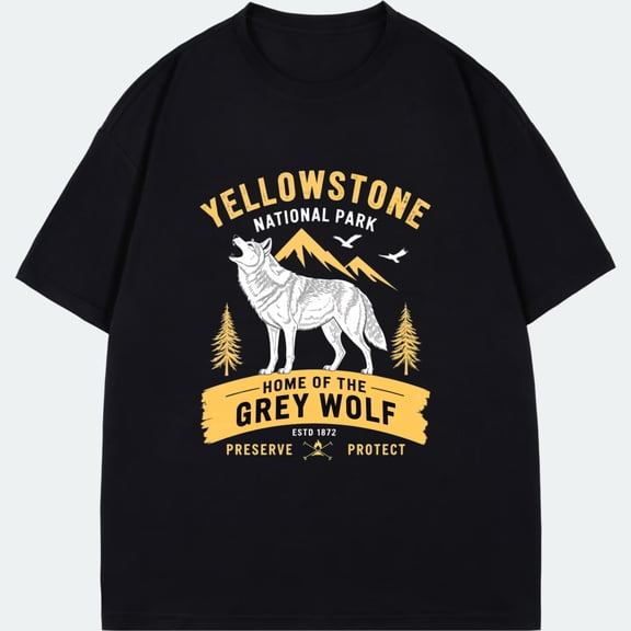 Unisex T-Shirt Black Yellowstone National Park Grey Wolf Mountain Pine Tree Print Outdoor Adventure Nature Wildlife Conservation Theme Casual Wear