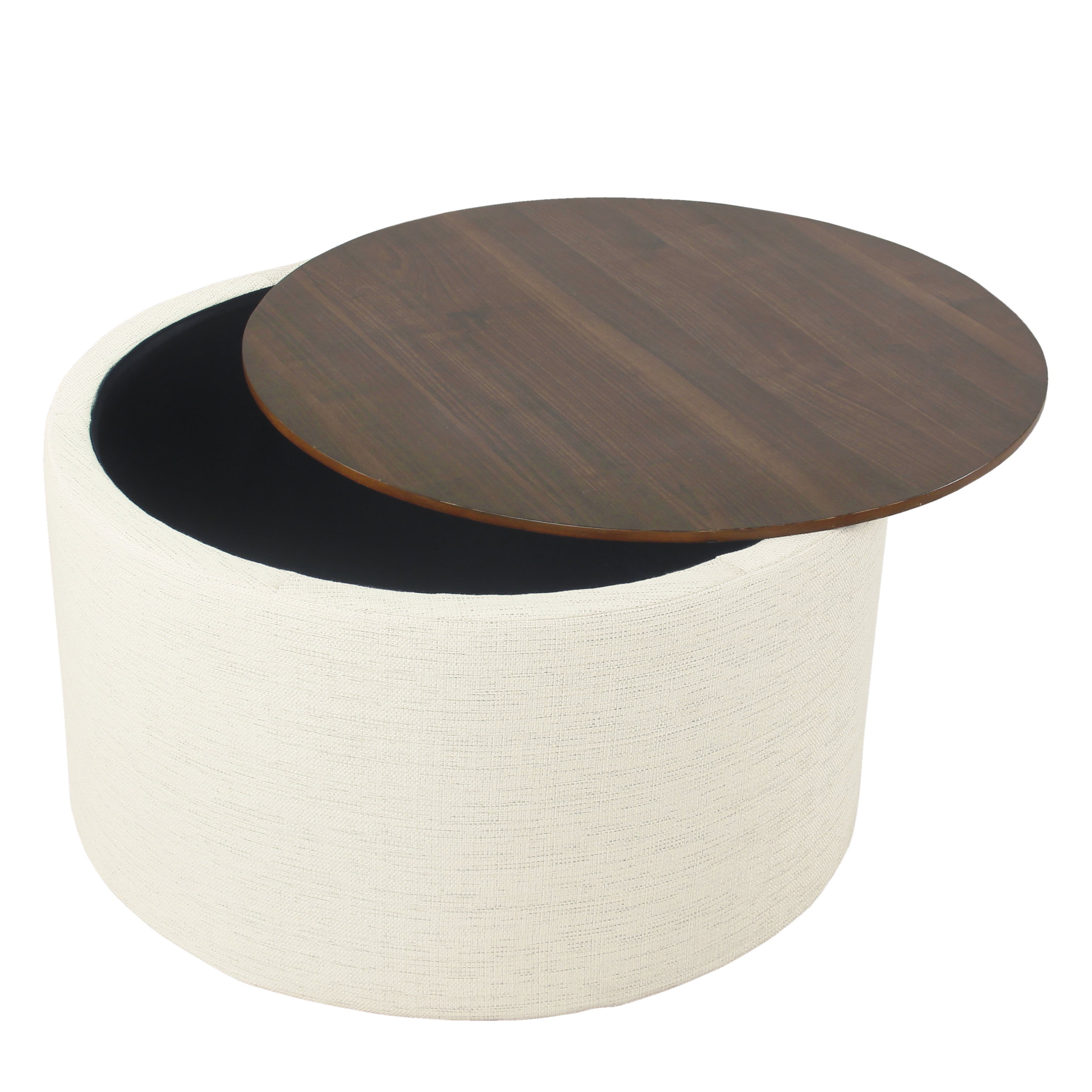 HomePop Large Modern Round Storage Ottoman with Wood Lift-Top Lid, Cream/Dark Walnut