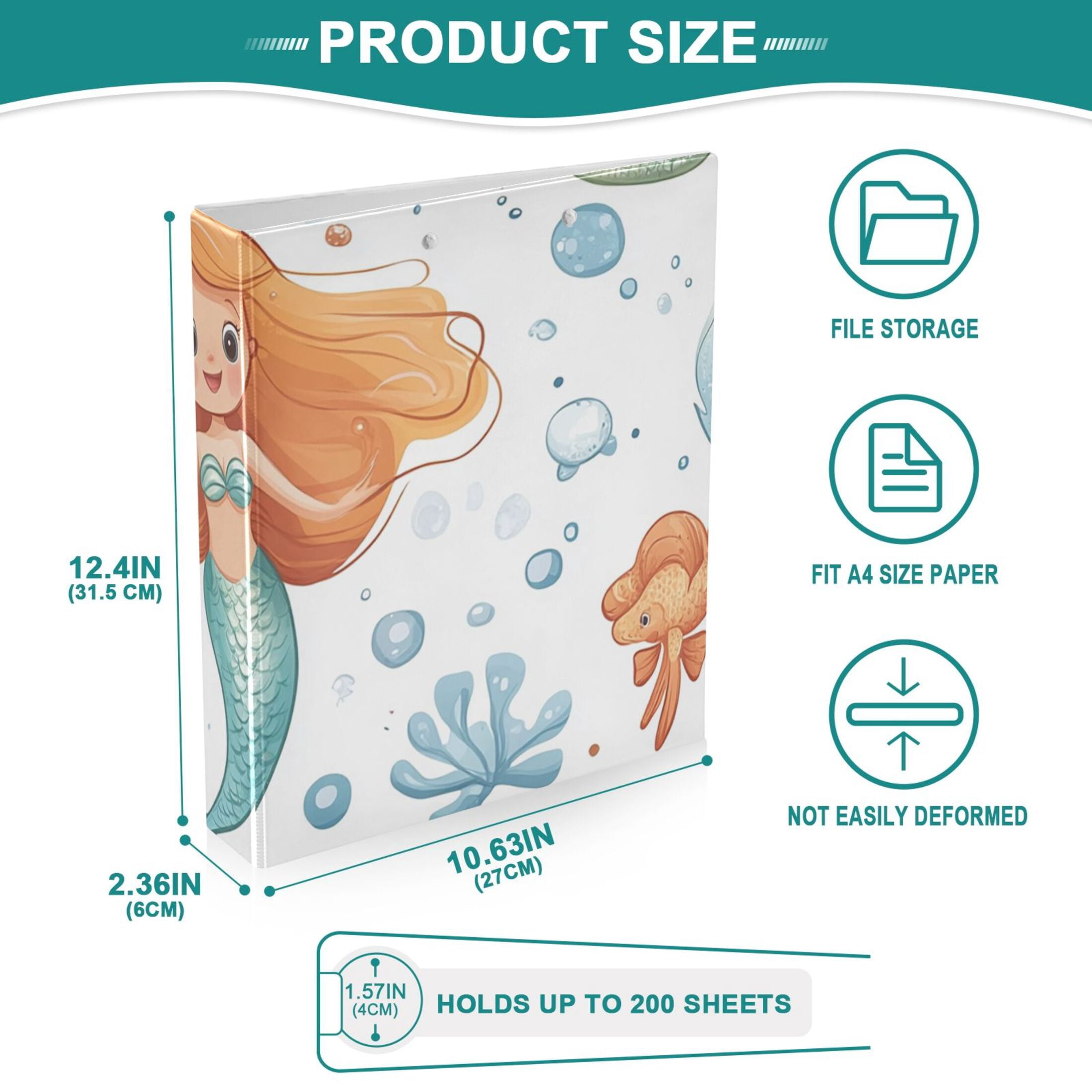 Cartoon Mermaid 3 Ring Binders 1.5 inch Hardcover File Folders with Interior Pockets A4 Size Organizer for School Office Hospital