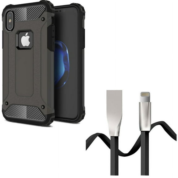 Case w USB Cable for iPhone XS/X - Hybrid Slim Fit Cover Reinforced Bumper Shock Absorbent, 6ft Flat Charger Cord Power Wire for iPhone XS/X