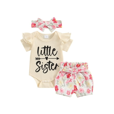 

Bagilaanoe 3pcs Newborn Baby Girl Shorts Set Short Sleeve Letter Print Romper Tops + Flower Shorts + Headband 3M 6M 12M 18M 24M Infant Casual Summer Clothes