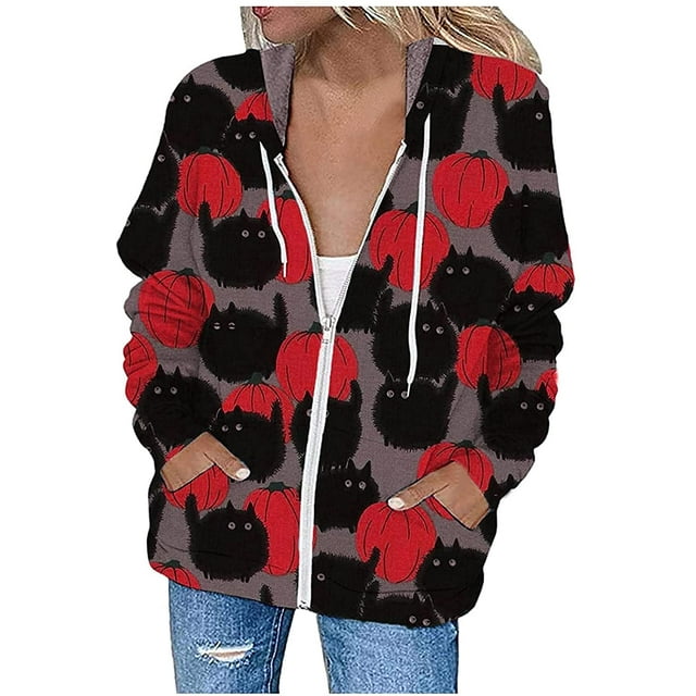 Chandail en Molleton Chat Citrouille Pull Col Rond Halloween pour Femmes Manches Longues Décontracté Ample