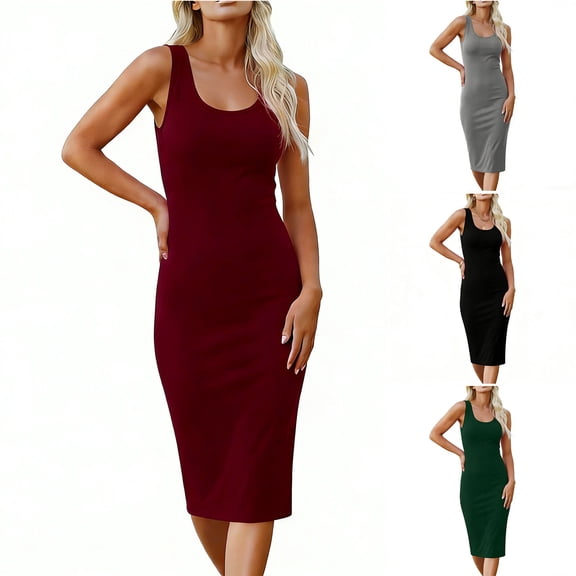 Lovzfmll Versatile Solid Spaghetti Strap Vacation Sundress for Women Maxi Crew Neck Sleeveless Relaxed Fit Green, L