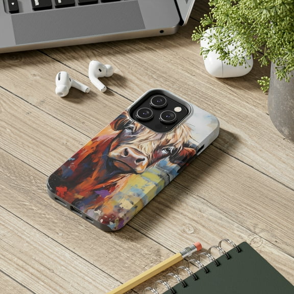 Cute iPhone Cases - Highland Harmony: Robust Rocky Mountain-Inspired Tough iPhone Case Featuring an Expressionism Fresco Highland Cow, Farm