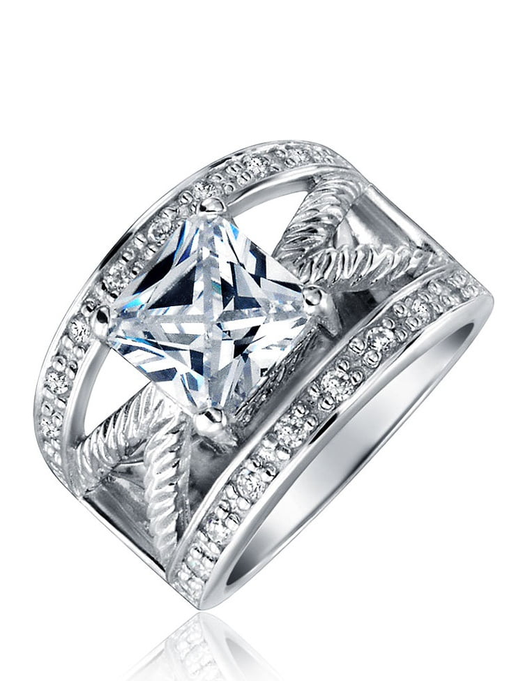 Princess Kylie Pave Square Center Cubic Zirconia Designer Ring Rhodium Plated Sterling Silver