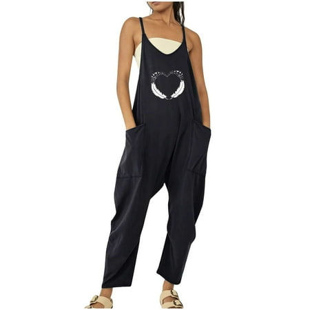 

CQCYD Jumpsuits for Women Casual Women s Sleeveless Jumpsuits Printing Loose Casual Spaghetti Strap Jumpsuits Stretchy Wide Leg Rompers with Two Pockets Rompers for Women Summer