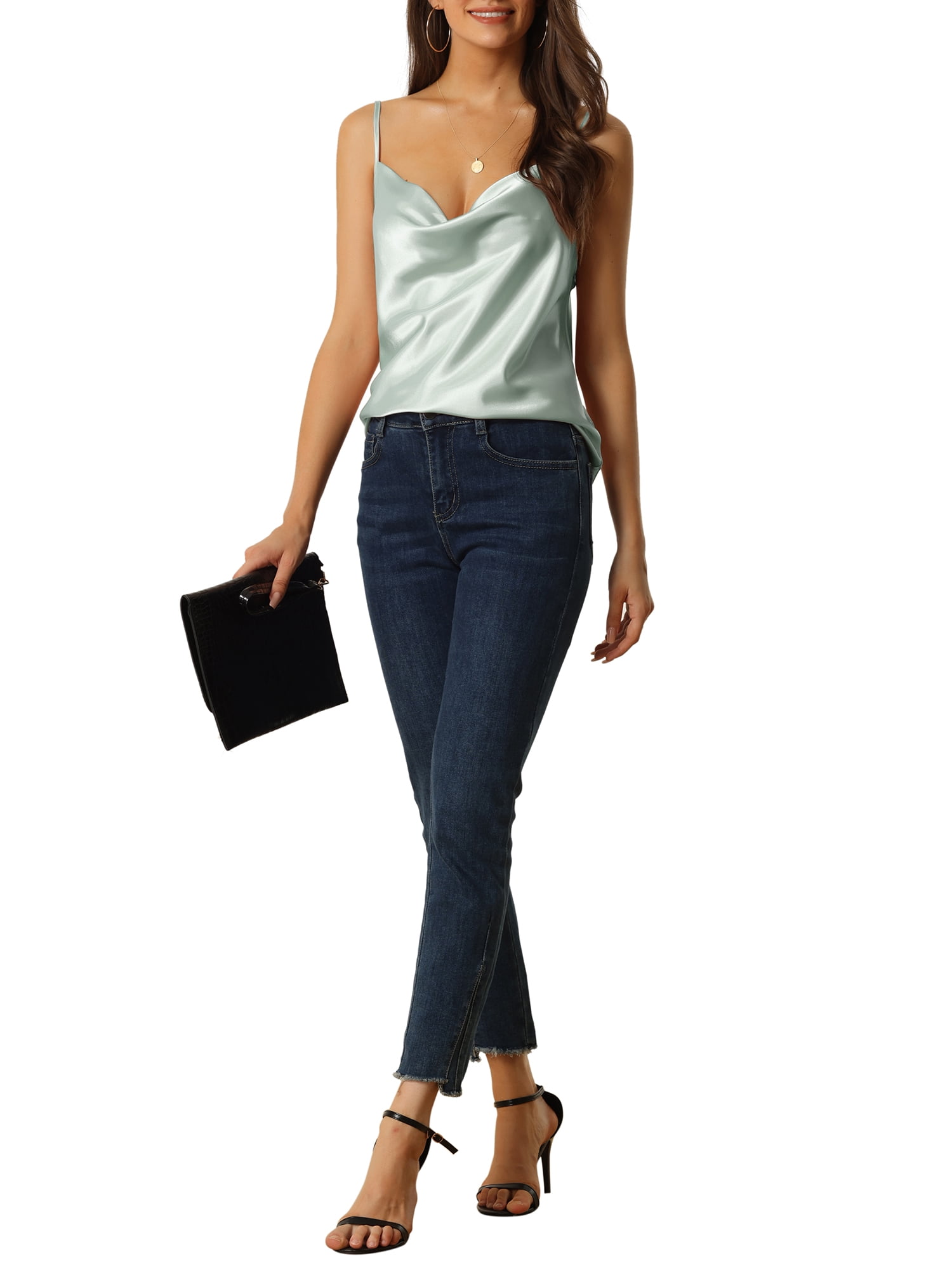 Unique Bargains Womens Satin Cowl Neck Cami Top with Long Pant Loungewear Pajama Set Blue S
