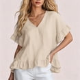 thumbnail image 4 of ClodeEU Women's V Neck Short Sleeve Blouse with Ruffle Hem, Casual Loose Fit Flowy Top Khaki,Women's Plus XXXL, 4 of 6