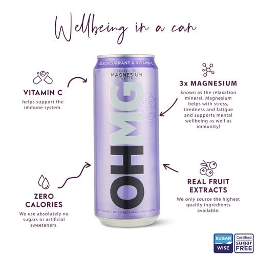 OHMG Blackcurrant sparkling magnesium water 4 x 330ml, British Import (Pack of 2)