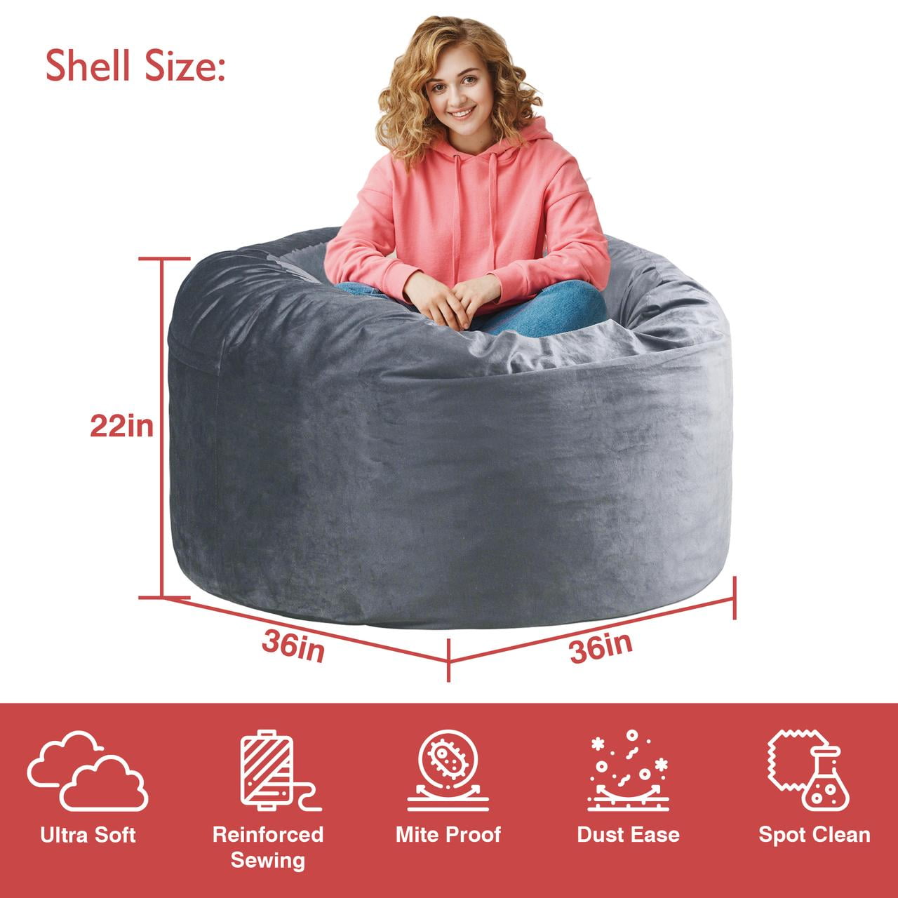 KINMEROOM 3~3.5ft Premium Plush Soft Support Bean Bag Chair for Teenagers and Adults | Dark Gray
