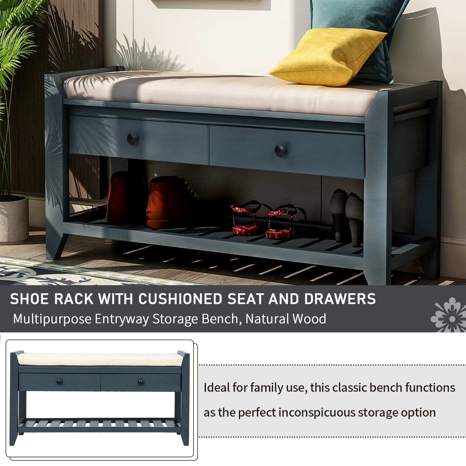 Harper & Bright Designs Shoe Rack with Cushioned Seat and Drawers, Multipurpose Entryway Storage Bench, Antique Navy