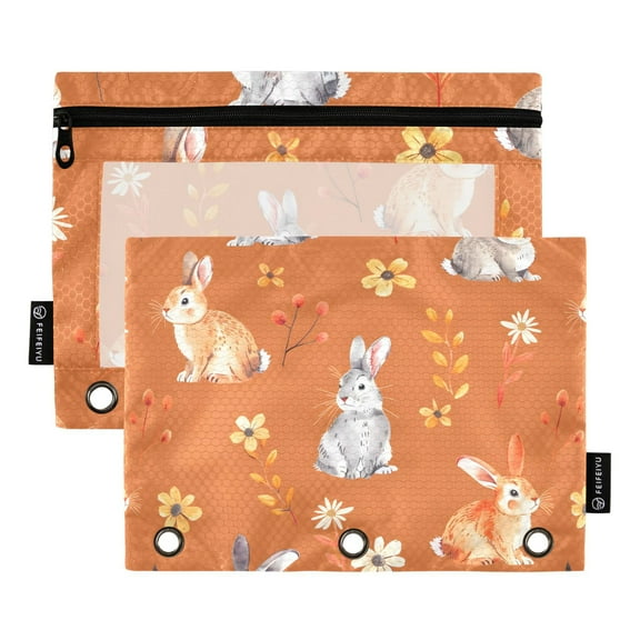 Cartoons Bunny Rabbit and Flower 2 Pack Pencil Pouch for 3 Ring Binder Smooth Zipper Folders with Pockets Clear Window Pencil Case