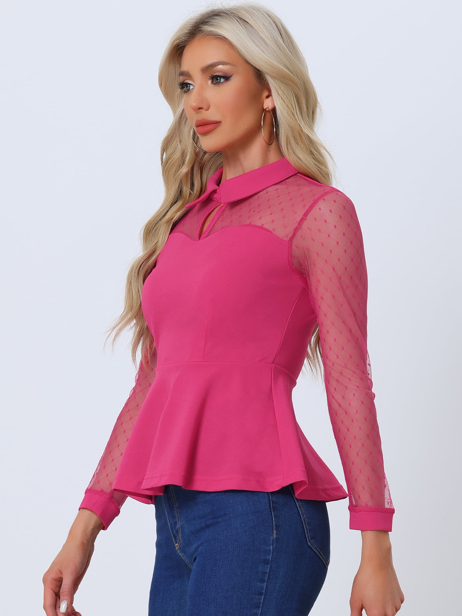 DARING DIVA Women's Mesh Sheer Long Sleeve Keyhole Top S Hot Pink