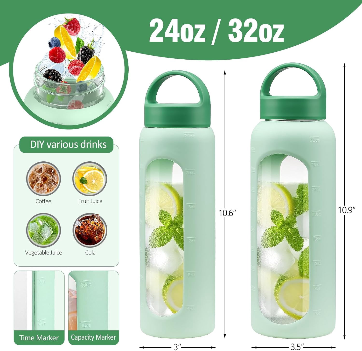 32 oz Glass Water Bottle 1 Liter Tumbler with Straw Reusable Drinking Bottles 2 Lids-Handle Lid&Bamboo Straw Lid Silicone Sleeve for Sports Home 1 Pack-Mustard