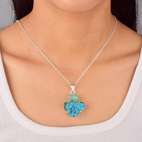 Natural Real Chrysocolla and Chrysophase Crystals Bezel Pendant Necklace, Double Stone Pendant, Healing Rough Gemstone, Birthday, Occasion Wear, Gift for Her