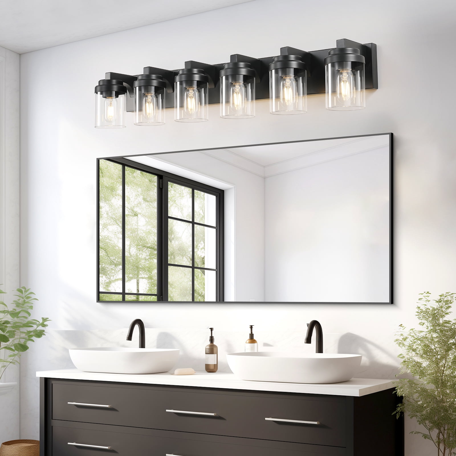 Miniyam 6 Light Bathroom Vanity Light, Matte Black Light Fixtures with Clear Glass Shade Over Mirror for Bedroom Living Room (E26,Bulb Not Included)