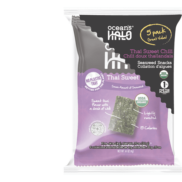 Ocean's Halo Organic 5-Pack Thai Sweet Chili Seaweed Snack, No Plastic Tray, 20g, OCEAN'S HALO ORG THAI CHILI SEAWEED SNCK