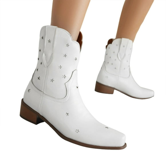 Stars Cowboy Boots for Women Fashion Hollow out Leather Pointed Toe Low Heel Slip on Wide Mid Calf Cowgirl Booties
