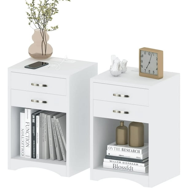 Black Nightstand Set of 2 with Charging Station 2 Drawer Bedroom
