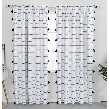 Boho Tassel Blackout Curtains For Bedroom 84 Inch 2 Panels Modern Farmhouse Room Darkening Thermal Insulated Window Curtain Panel Dries Black Striped Decor Pairs 52wx84l Ivory Canada Boho Tassel Blackout Curtains For, Black And Ivory Striped Curtains