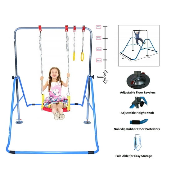 Kids Gymnastics Horizontal Kip Bar Jungle Gym 3 in 1 Swing Set Trapeze Rings Climber Adjustable Height Blue