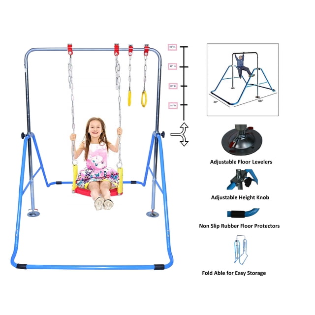 Kids Gymnastics Horizontal Kip Bar Jungle Gym 3 in 1 Swing Set Trapeze Rings Climber Adjustable Height Blue