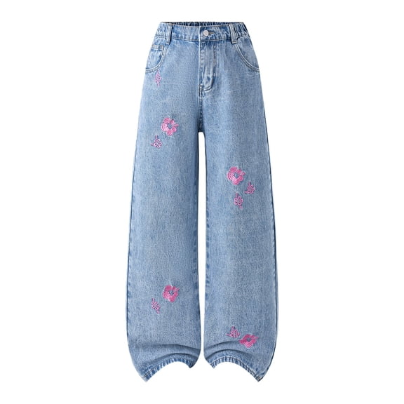 CPNG Girls Denim Pants Teen Girls Flower Embroidered Button Front Zipper Baggy Straight Wide Leg Casual Jeans