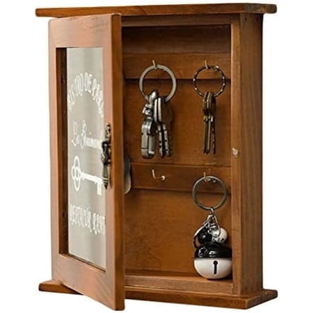 NOBRAND Brown Vintage Farmhouse Wall Mount Key Safe Box Wooden Key Holder with 6 Hooks for Entryway Storage