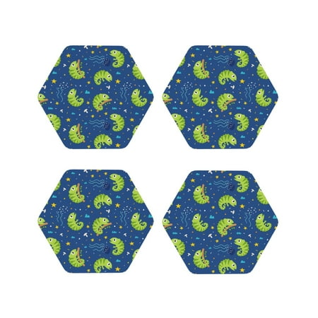 

Leather Coasters Set of 4 - Cartoon Funny Chameleon Lizard Lightweight Non-Slip Drink Coasters for Desk Anti-Scalding Desk Cup Coasters for Office Table Decor Hexagon