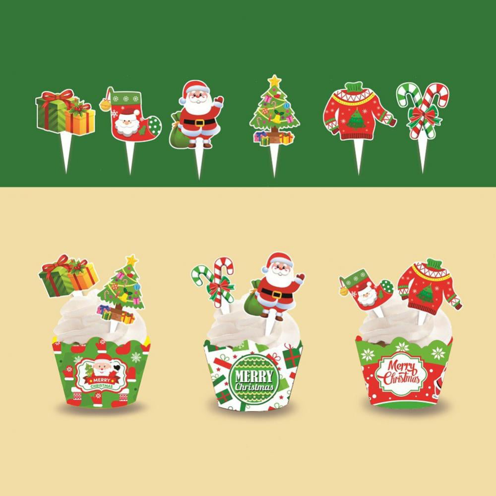 12 x CHRISTMAS THEME CUPCAKE JELLY CUP TOPPERS FRUIT PICK SANTA PRESENT FUN CUTE 