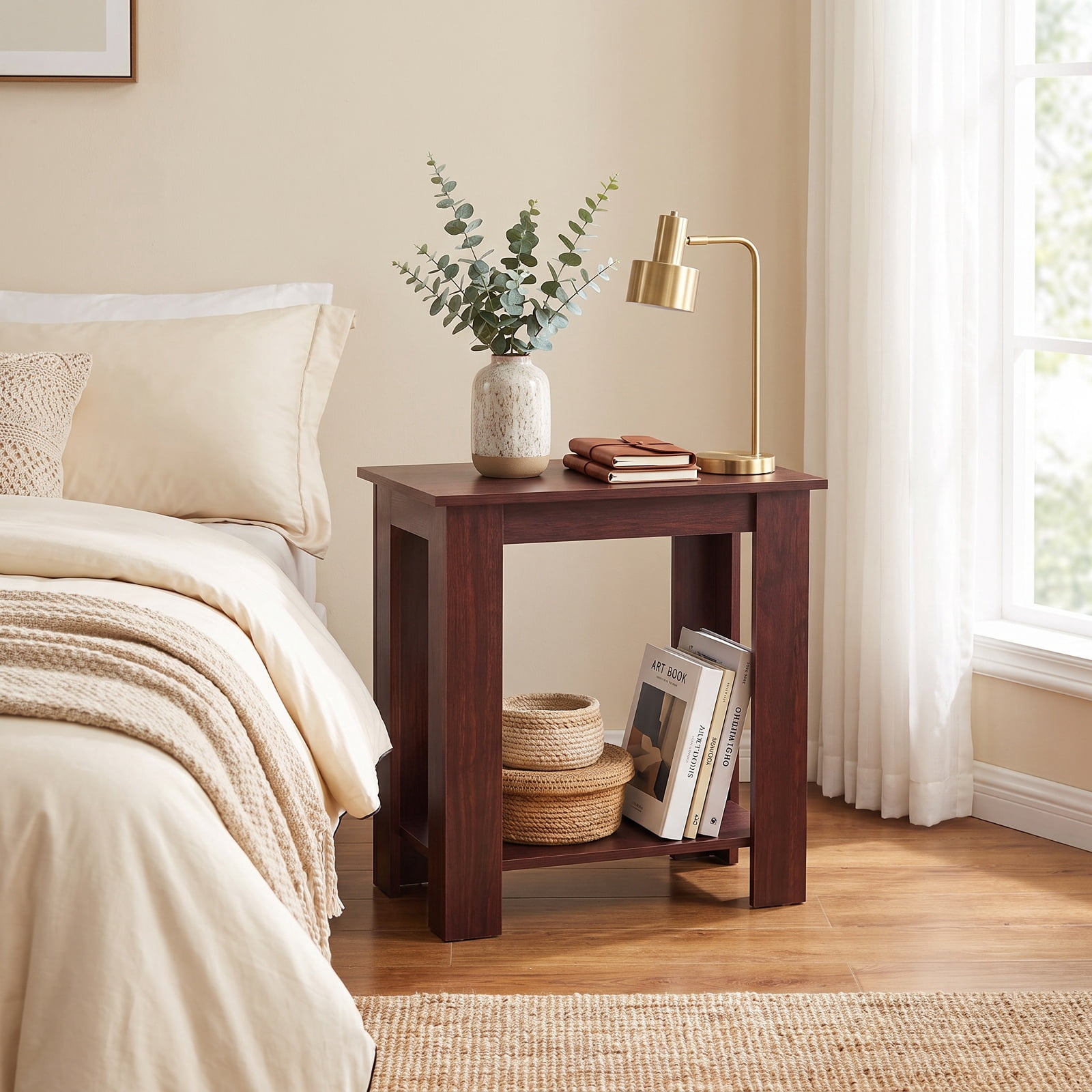 Furnibear 2 Tier Compact End Table with Storage Shelf and Non Slip Legs for Small Living Room Bedroom and Sofa Side, Brown