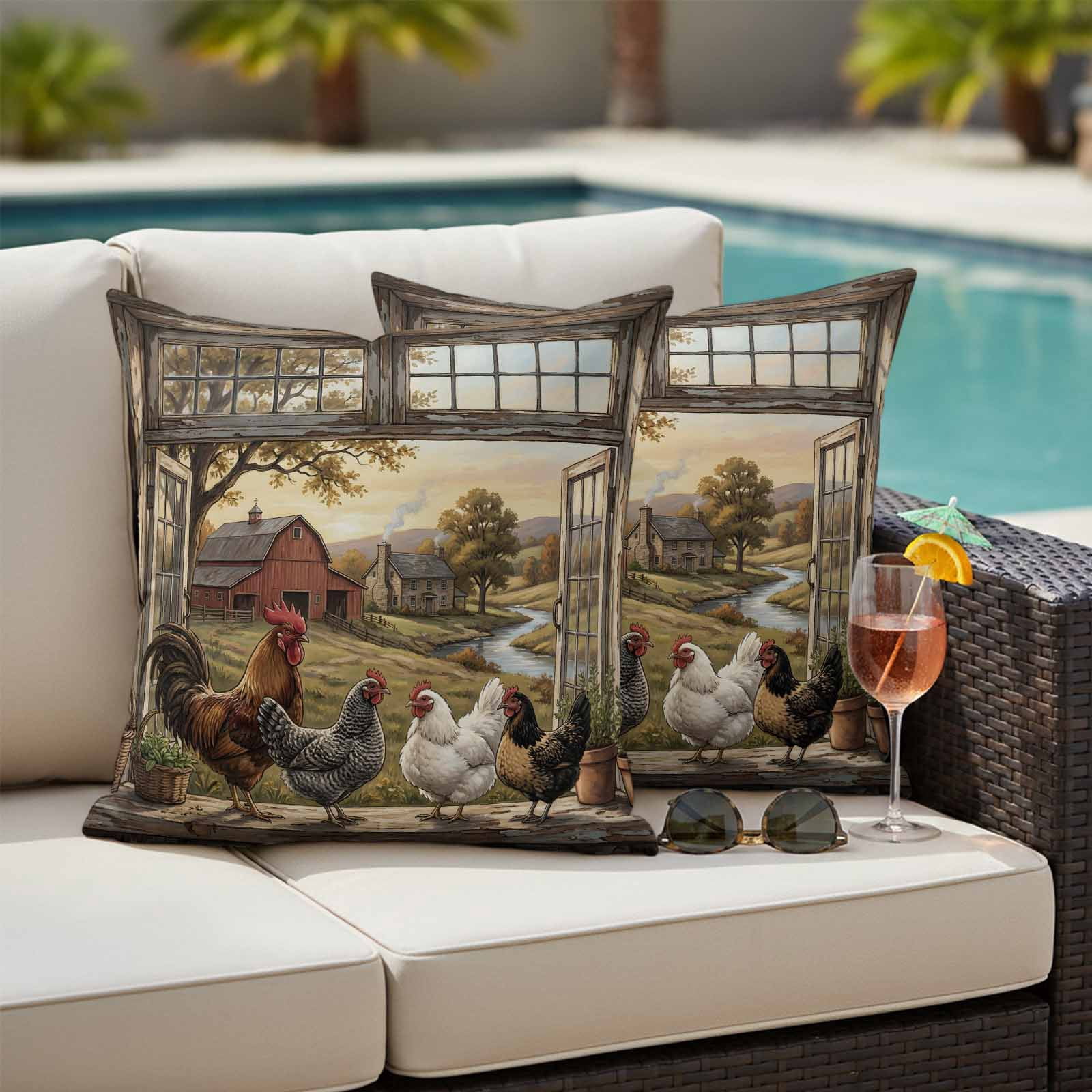 Farm Animals Pillow Covers 2 Pack Pastoral Landscape Farmhouse Rooster Hen Chicken Barn Pillowcase Waterproof Outdoor Throw Pillow Cover for Patio Garden Square Cushion 16”x16”