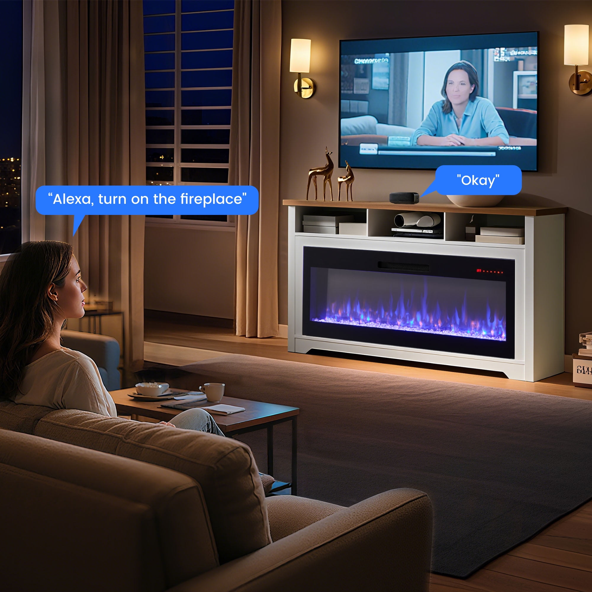 Innoflame Fireplace TV Stand for 70" TVs, Entertainment Center w/50 Inch Fireplace, WiFi Enabled, APP/Voice Control, Simulated Marble Surrounded, Open Shelves Storage,White