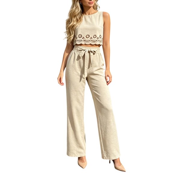 Women's 2 Piece Outfits Lounge Sets Women Fashion Casual Solid Color Neck Sleevelesstank Top Straight Leg Pants Set Khaki S