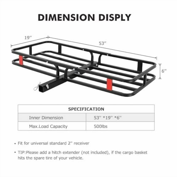 53" x 19" x 6" Hitch Mount Cargo Carrier - Heavy-Duty Folding Cargo Rack with 500 lbs Weight Capacity for SUVs, Cars, Camping, and Traveling