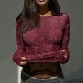 thumbnail image 2 of Womens Tops Under $10 Women's Rhinestone Sheer T Shirt Crew Neck Long Sleeve Sparkly Going Out Tops Wine M, 2 of 3