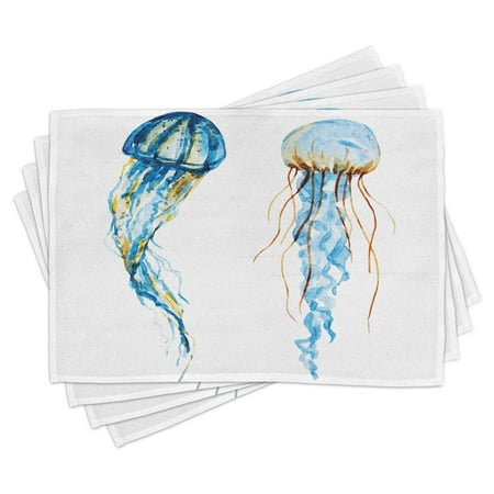 

Jellyfish Placemats Set of 4 Cute Jellyfish Exotic Sea Ocean Creature Aquatic Animals Watercolor Raster Graphic Washable Fabric Place Mats for Dining Room Kitchen Table Decor Blue by Ambesonne