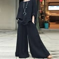 thumbnail image 2 of Womens Cotton Linen 2 Pcs Sets Oversized Long Sleeve Shirt Loose Elastic Waisted Pants with 2 Pockets Dark Blue S, 2 of 3