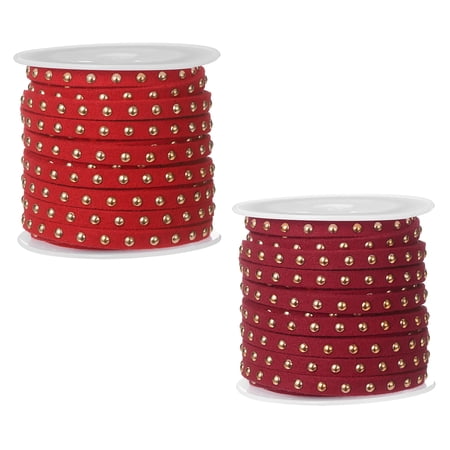 Uxcell 2 Rolls 5.5 Yard Suede Cord 5mm Wide Studded Faux Leather String Roll Flat Micro Fiber Leather Trims with Gold Rivets for DIY Jewelry Making Crafts Belts Hat Deco Burgundy/Red