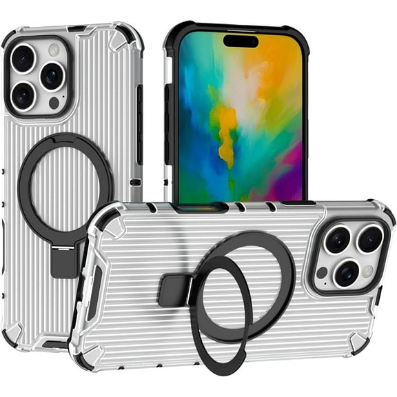 Case for iPhone 16 Pro,Grating Antiskid [Built-in Kickstand] Magnetic Rotate Ring Holder Heavy Duty TPU PC Shockproof Protect Phone Case for iPhone 16 Pro,6.3 Inch 2024 (White)