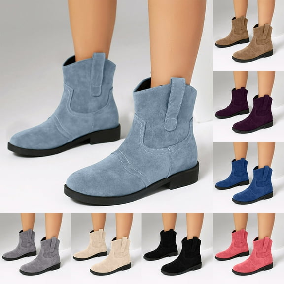 Dakaela Women's Cowboy Boots Short Cowgirl Ankle Booties Round Toe Casual Western Walking Boot Beige 5.5