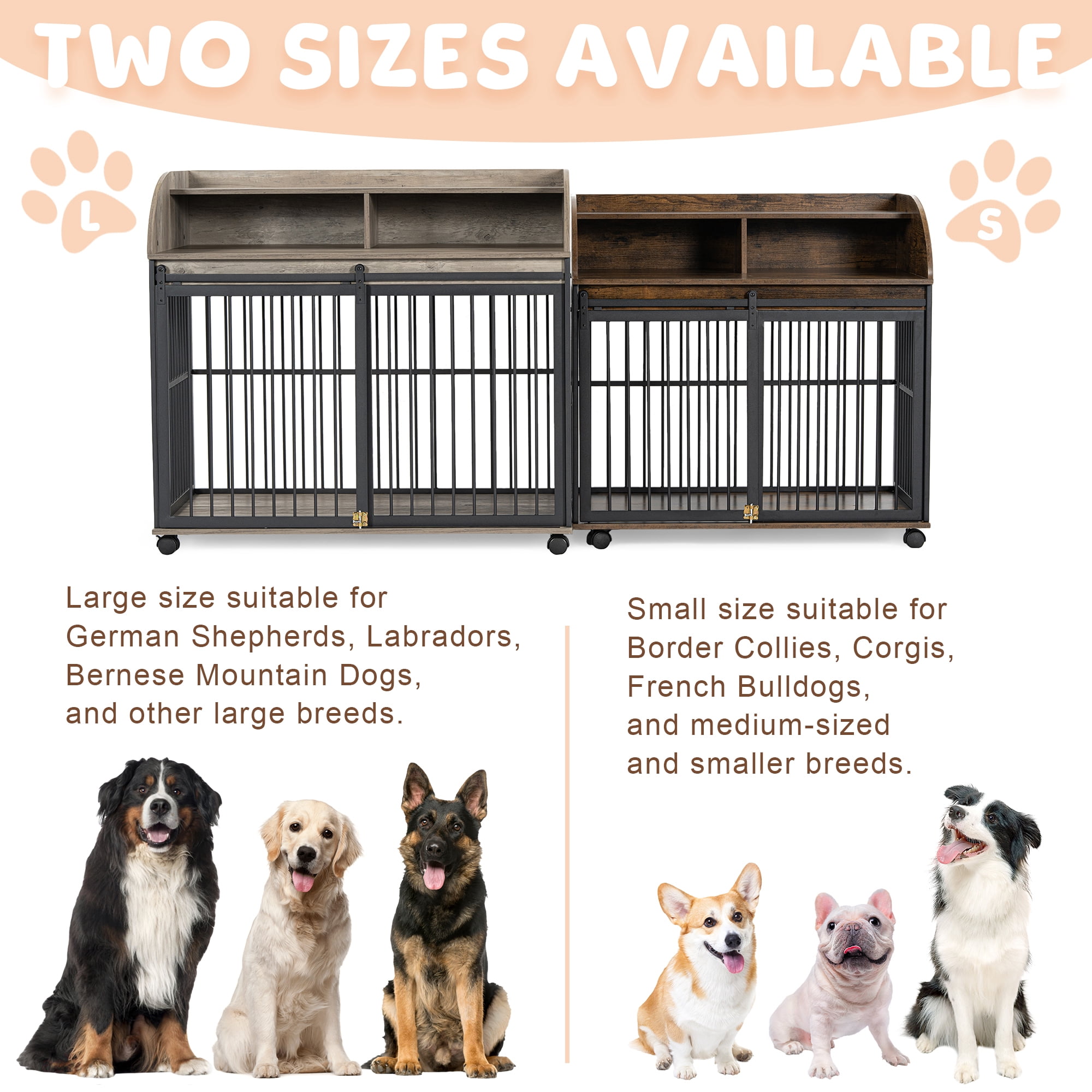 44'' Heavy Duty Large Dog Crate for Large Medium Dog with Lockable Wheels, Wooden Dog Crate Dog Kennel, End Table Crate with Double Layer Storage