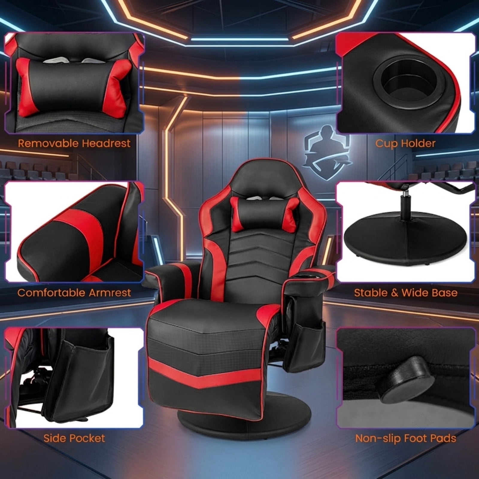 Furnibear Massage Video Gaming Recliner with Reclining Backrest Adjustable Height Retractable Footrest and Side Pocket for Gaming and Office, Red