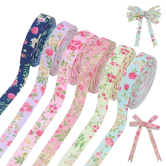 6 Colors Flower Printed Ribbon Vintage Floral Ribbon 24 Yards Flower Pattern Ribbons 3/8 Inch Wide Colorful Decorative Ribbons DIY