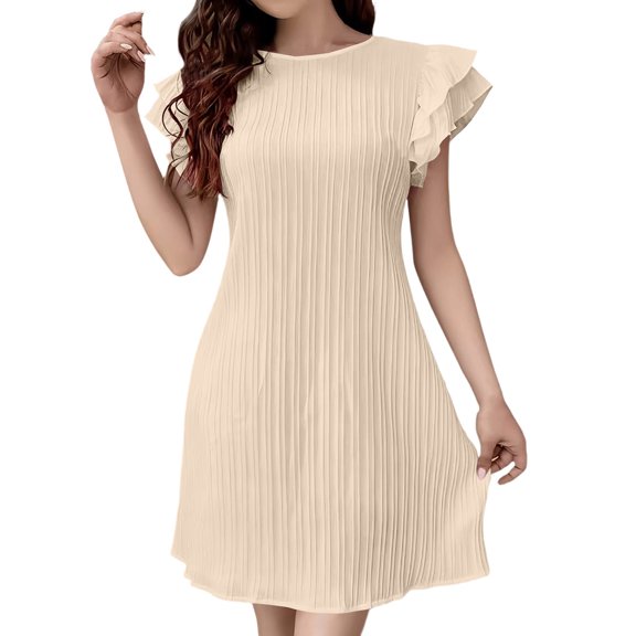 Efsteb Women's Round Neck Ruffle Sleeve Pleated Mini Dress Short Sleeve A-Line Dress for Summer Daily Work Office Casual (Khaki,L)